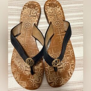 Tory Burch Black Leather Logo Thong Sandals with Tan Footbed
